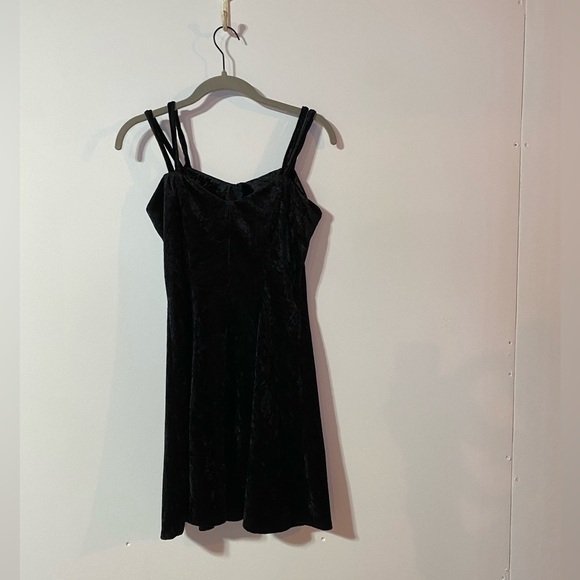Vintage Crushed Velvet Black Mini Dress with Double Straps, Size M (fits like S) - Picture 2 of 11